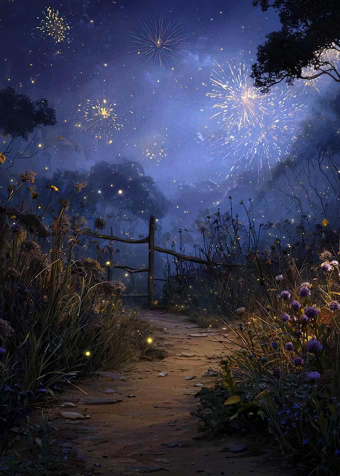 Enchanted Night Path with Fireworks