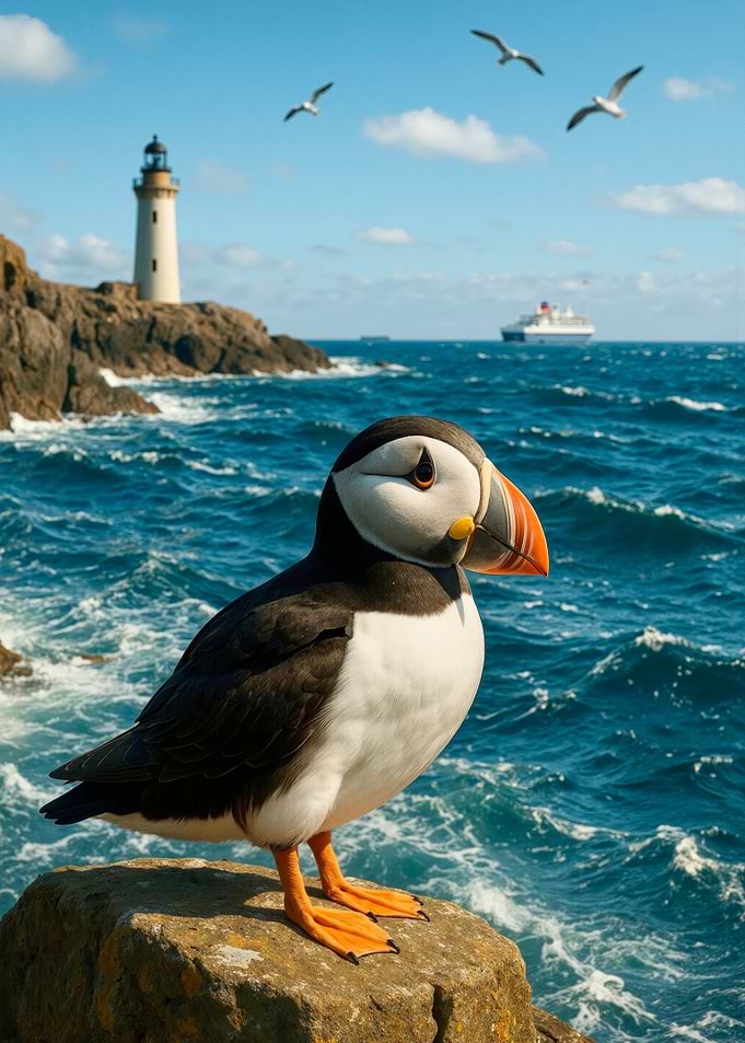 Puffin on Rocky Coast with Lighthouse