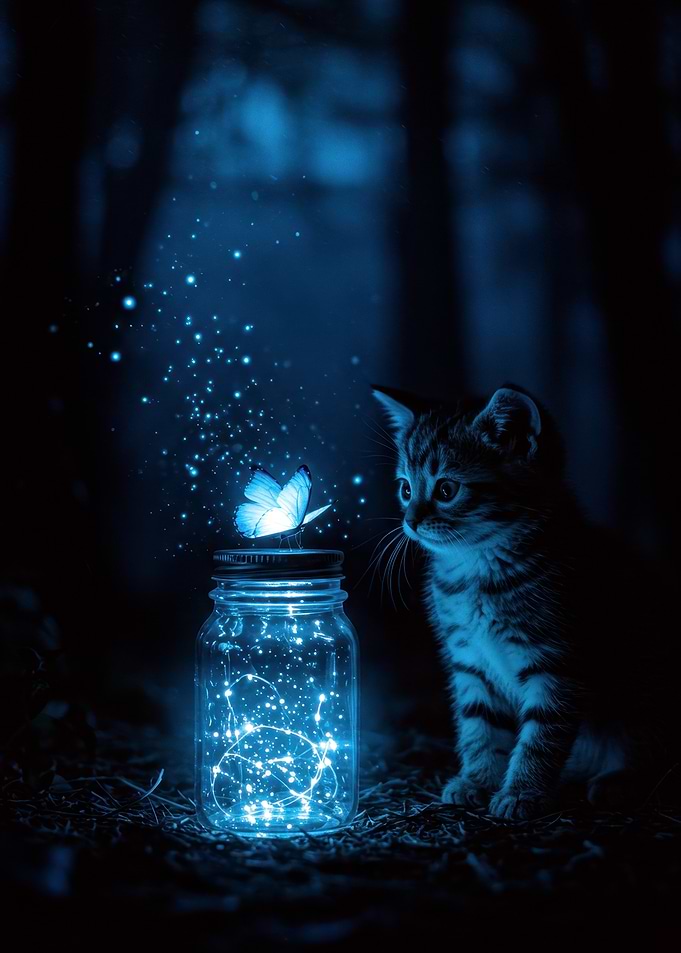 Kitten, Butterfly, and Jar of Lights