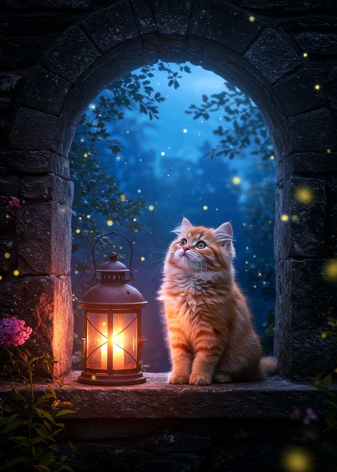 Ginger Kitten and Lantern in Stone Window