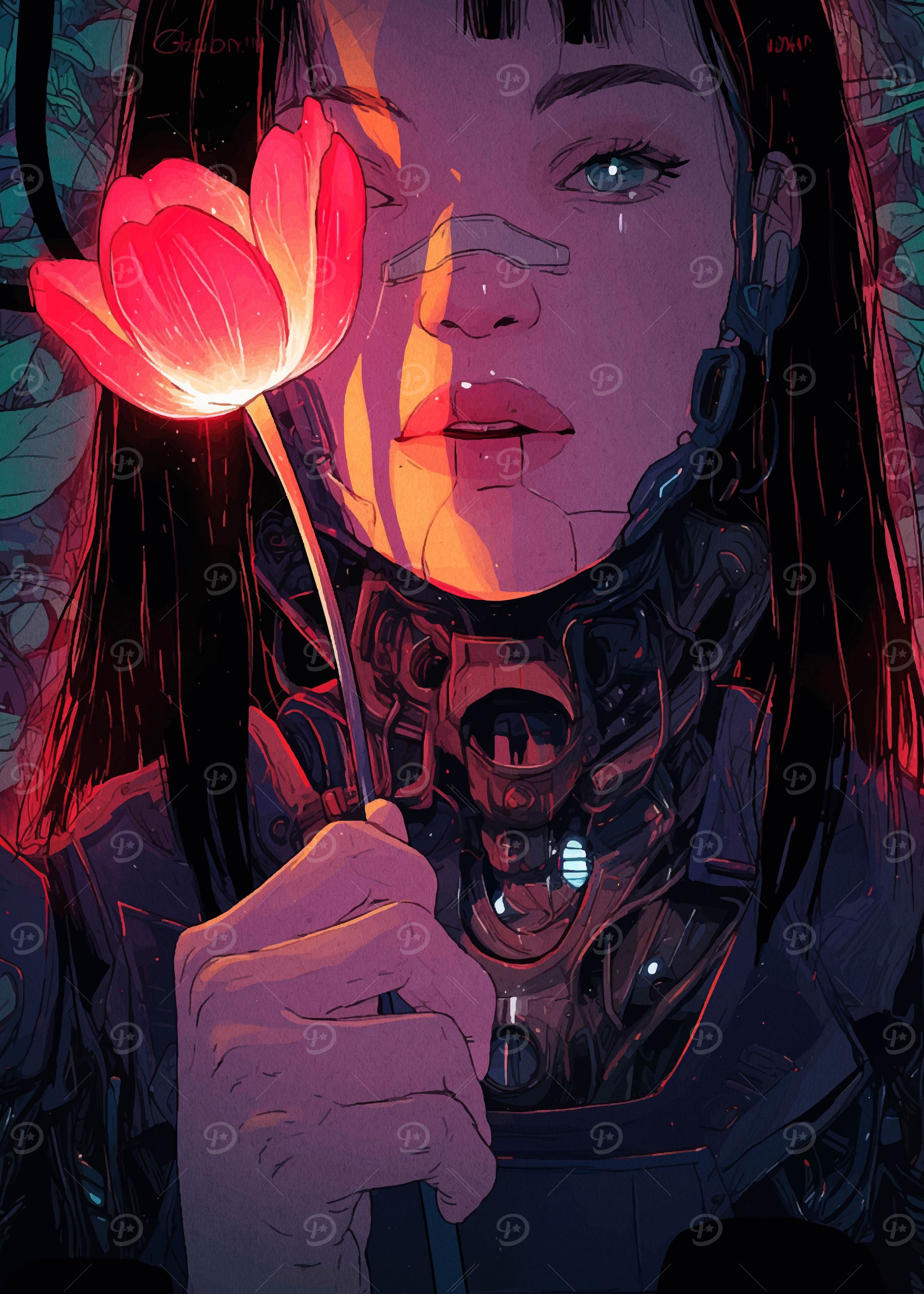 Cyberpunk Girl with Lotus Flower