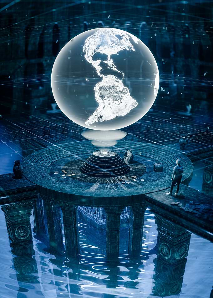 Futuristic Globe on Ancient Platform - Home