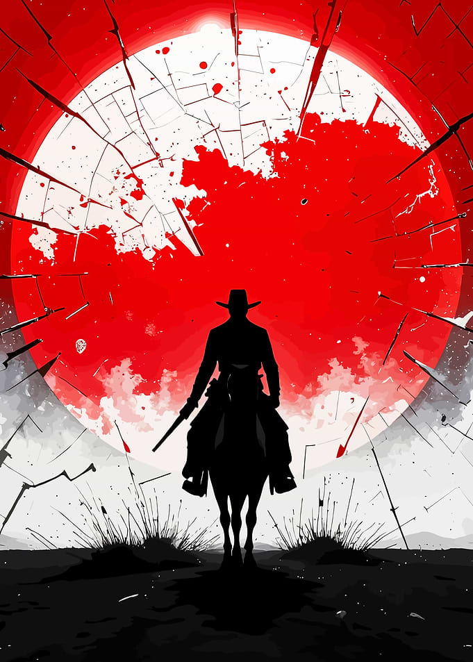 Silhouette Cowboy Horse Red Moon