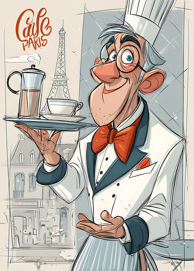 Cafe Paris Cartoon Waiter Illustration