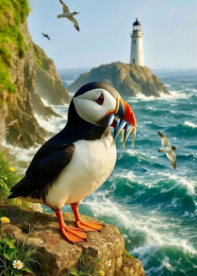 Puffin with Fish by the Sea