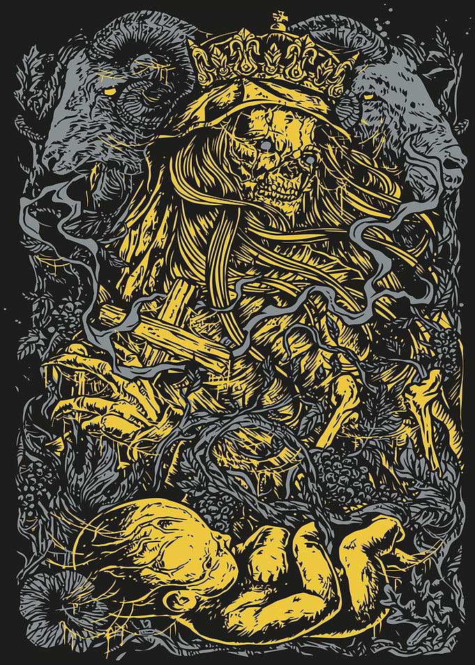 Crowned Skull with Baby and Rams