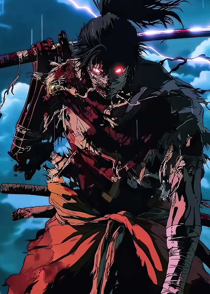 Anime Warrior with Sword in Storm