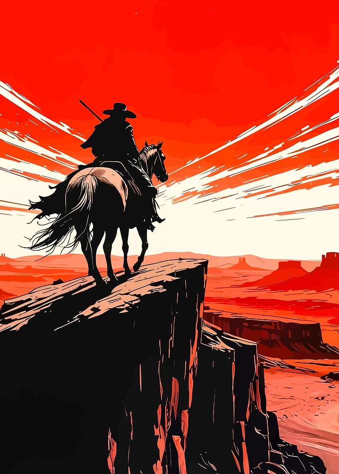 Cowboy on Horseback, Western Red Landscape