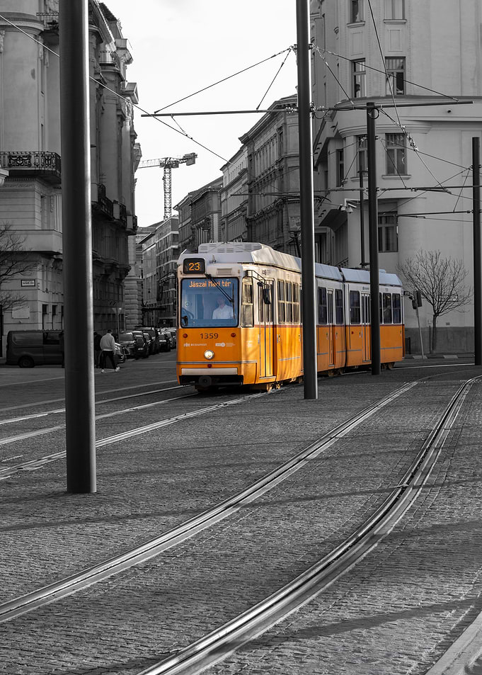 Orange Tram in Black and White City