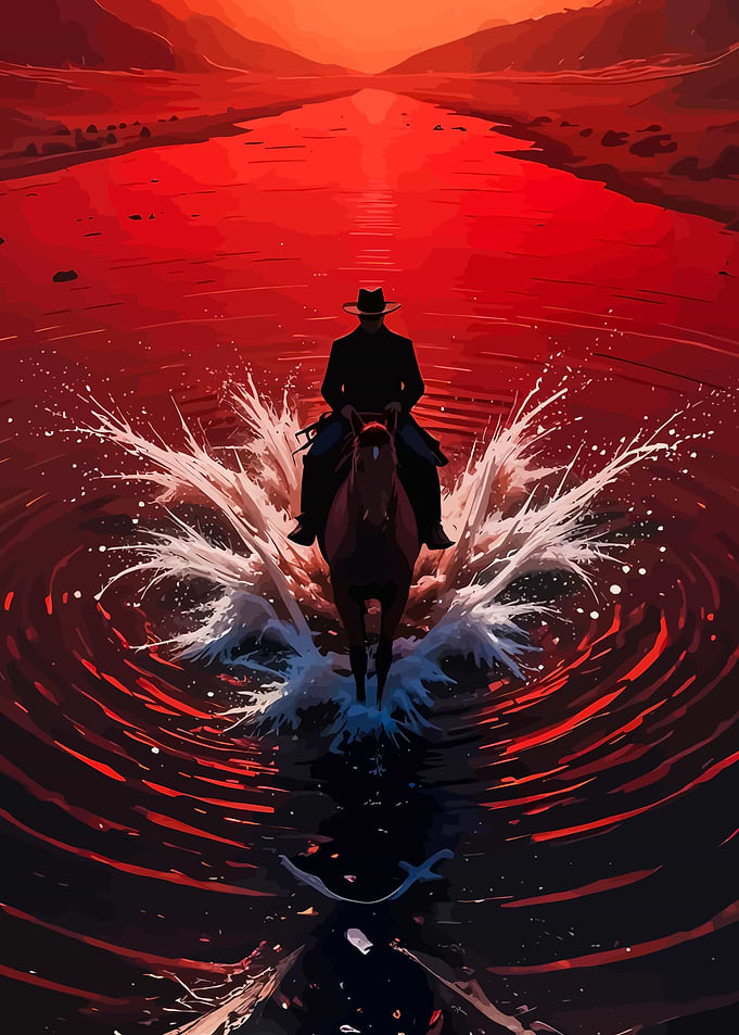 Cowboy on Horseback Crossing Red River
