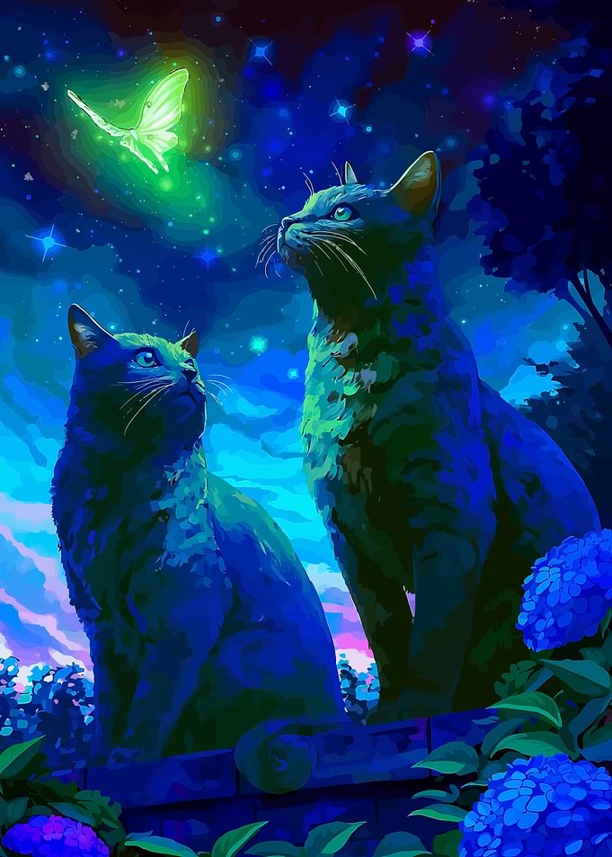 Cats and Butterfly in Night Garden