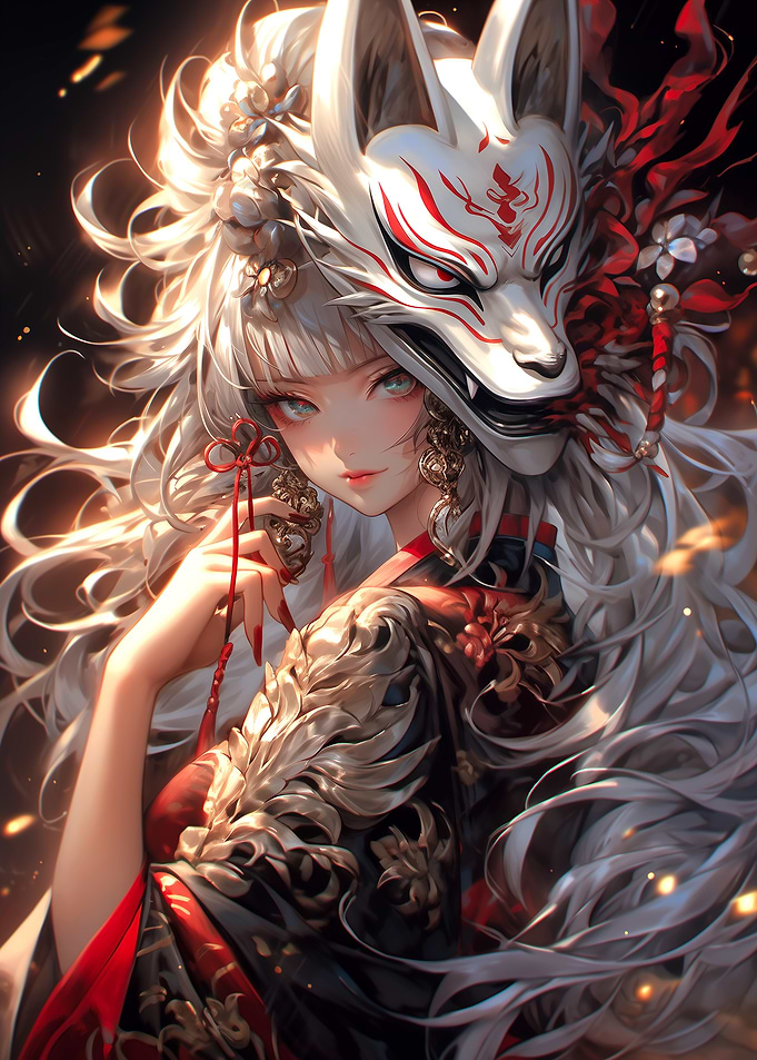 Anime Girl with Kitsune Mask