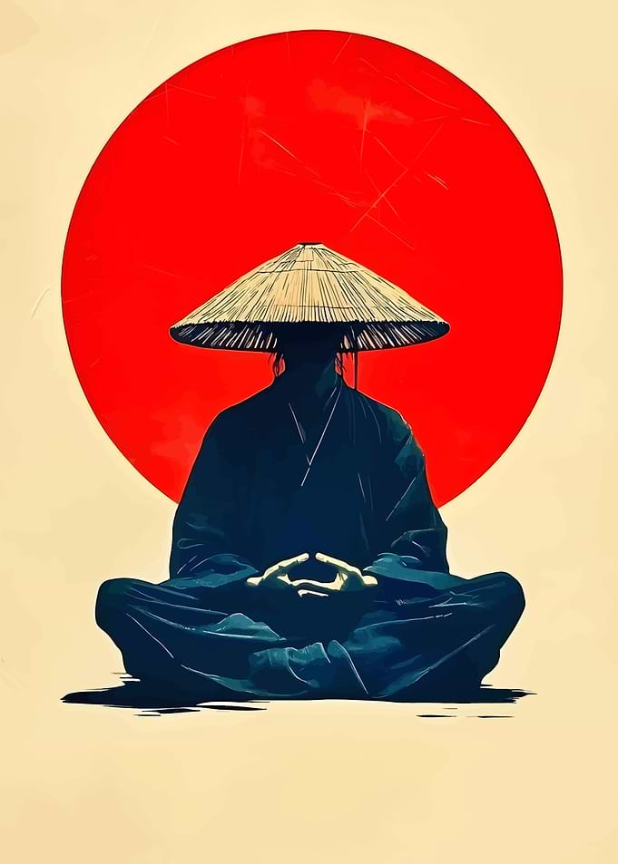 Meditating Monk with Red Sun