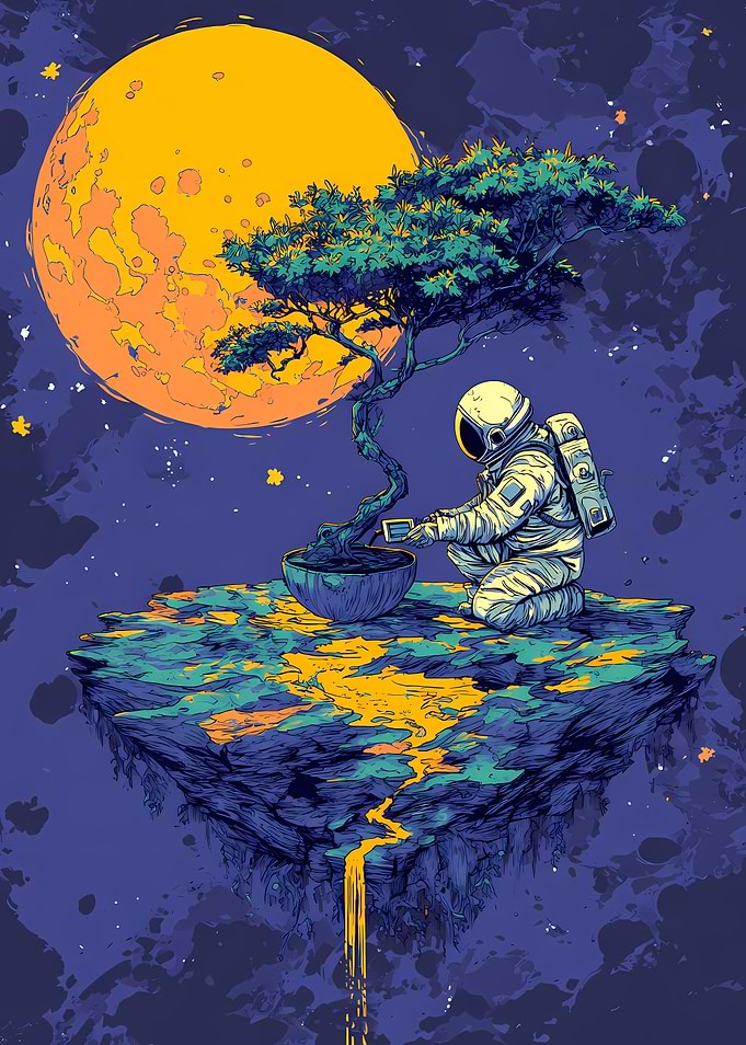 Astronaut with Bonsai Tree on Floating Island