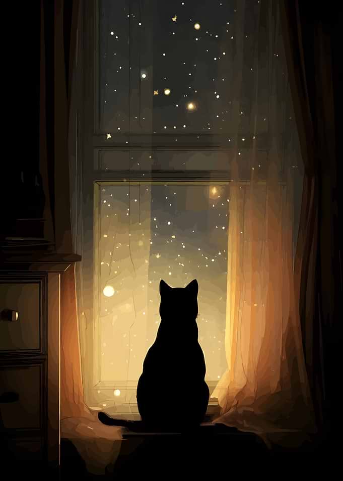 Cat silhouette looking at starry night