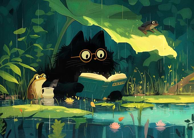 Cat reading in the rain