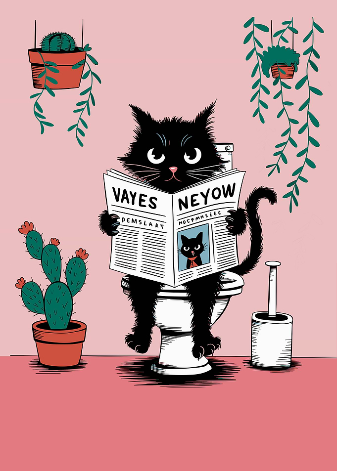 Cat Reading Newspaper on Toilet