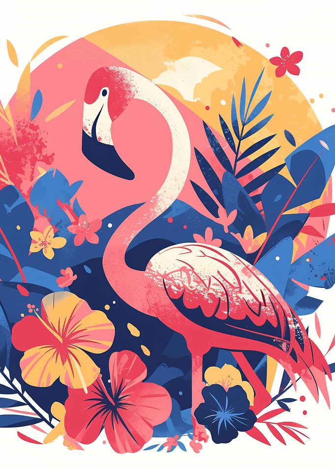 Stylized Flamingo with Tropical Floral Background