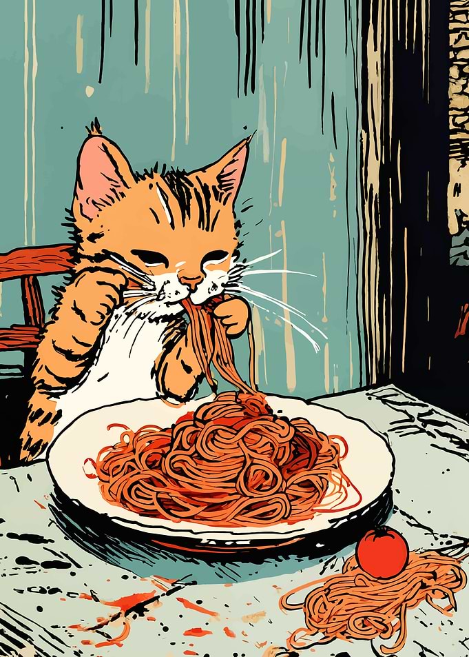Cat eating spaghetti illustration