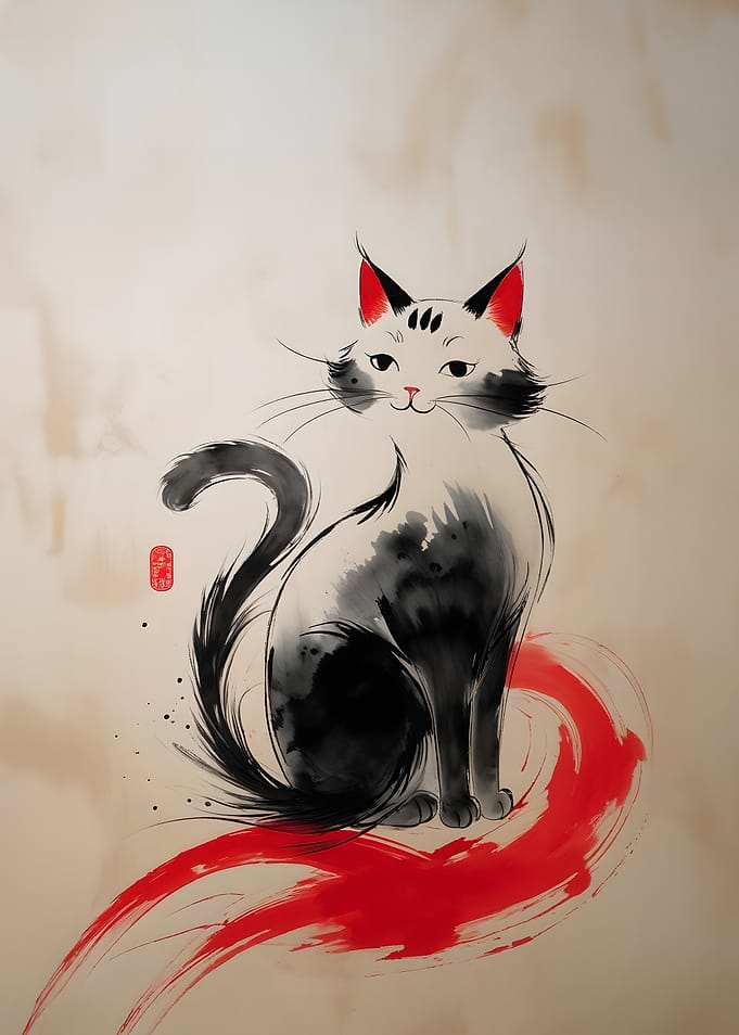 Ink Cat with Red Accents