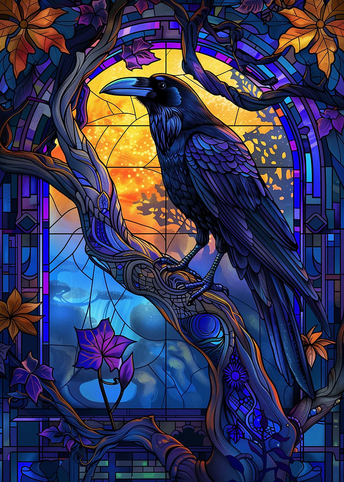 Raven in Stained Glass Style