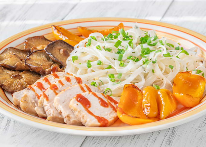 Plate of Chicken, Noodles, and Vegetables