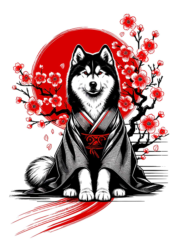 Husky in Kimono with Cherry Blossoms