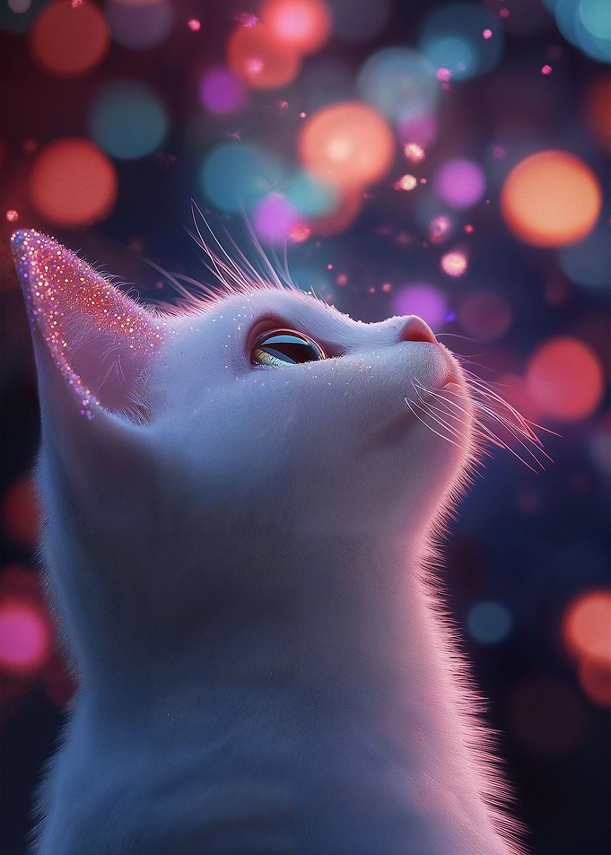 Cat gazing at colorful bokeh lights