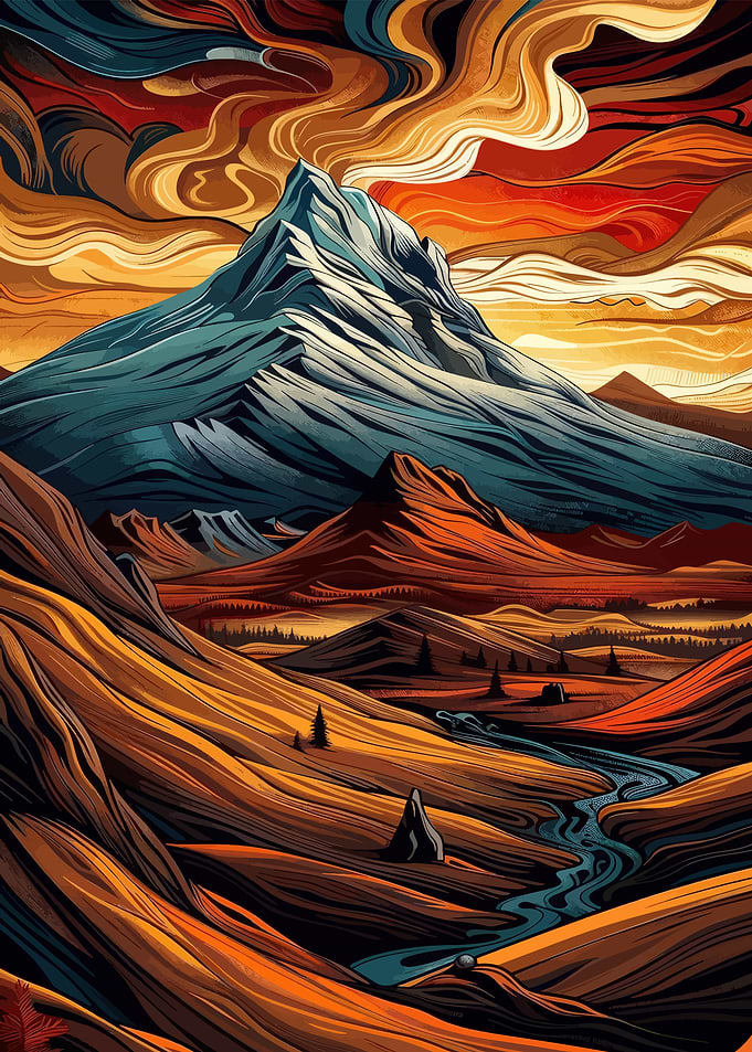 Mountain Landscape with River and Sky