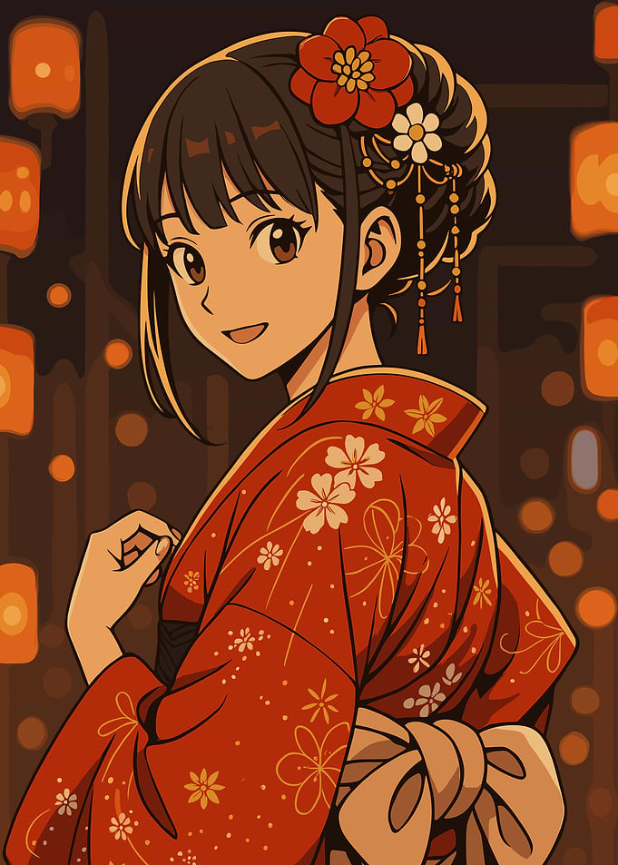 Anime Girl in Kimono with Lanterns