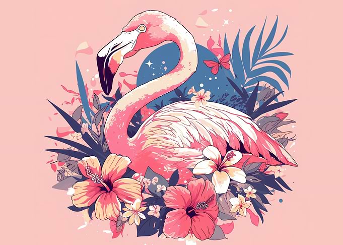 Pink Flamingo with Tropical Flowers