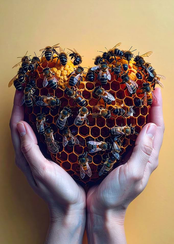 Bees on Heart Shaped Honeycomb Held in Hands