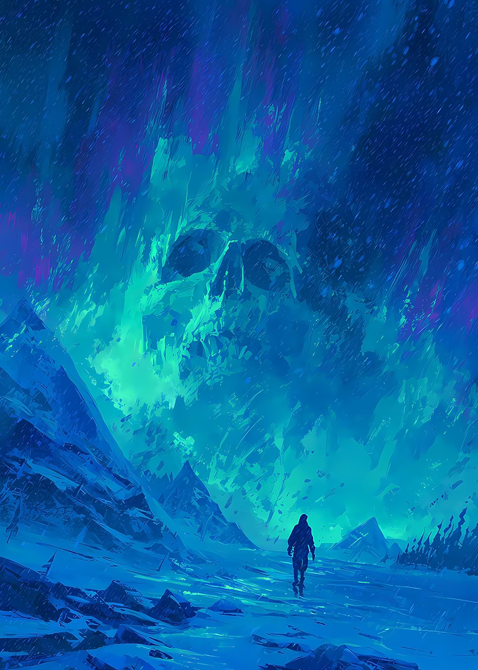 Skull Mountain Under Frozen Sky with Lone Figure