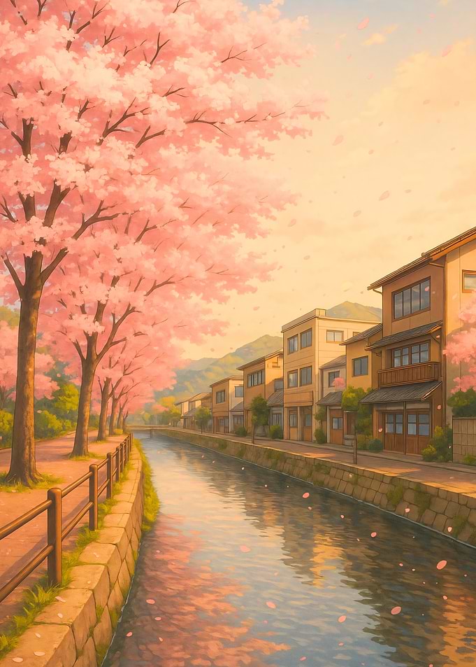 Cherry Blossom Canal in Japanese Town