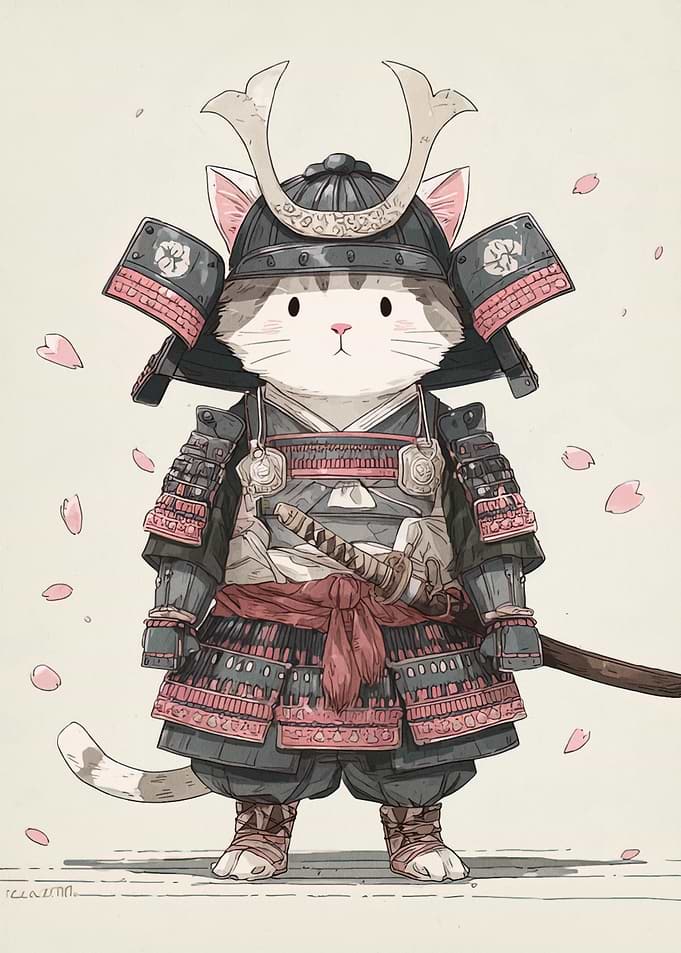Samurai Cat Warrior with Cherry Blossoms
