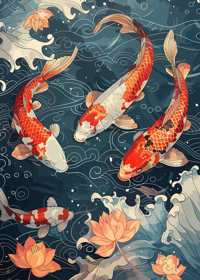 Koi Fish and Lotus Pond Art