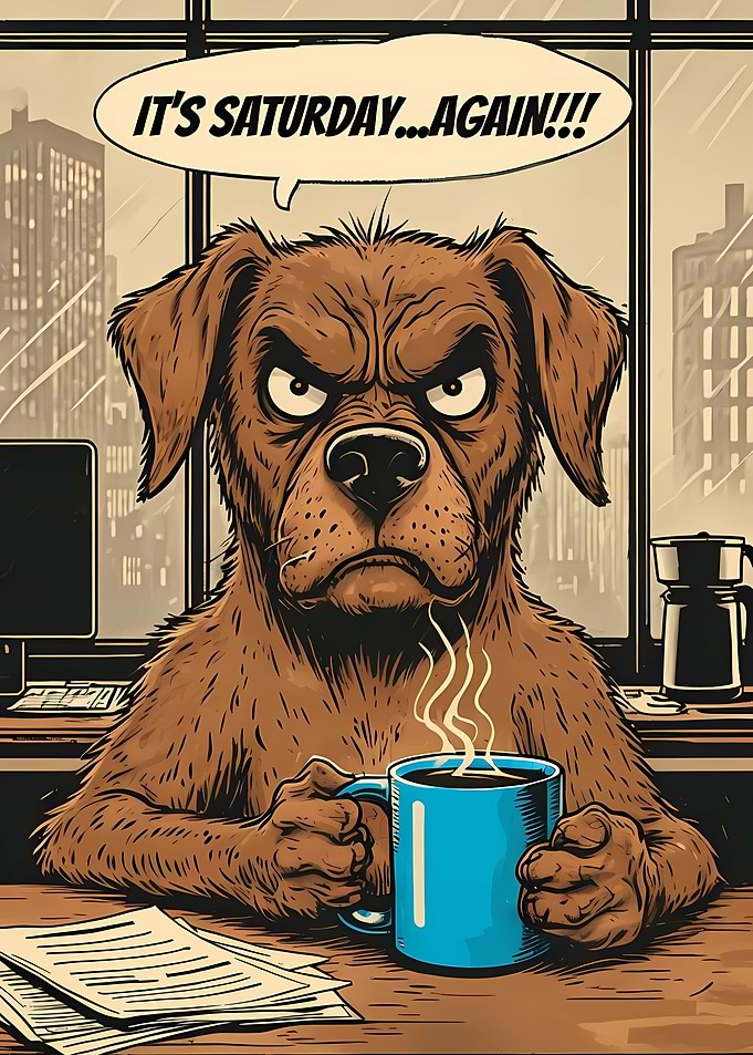 Grumpy Dog with Coffee