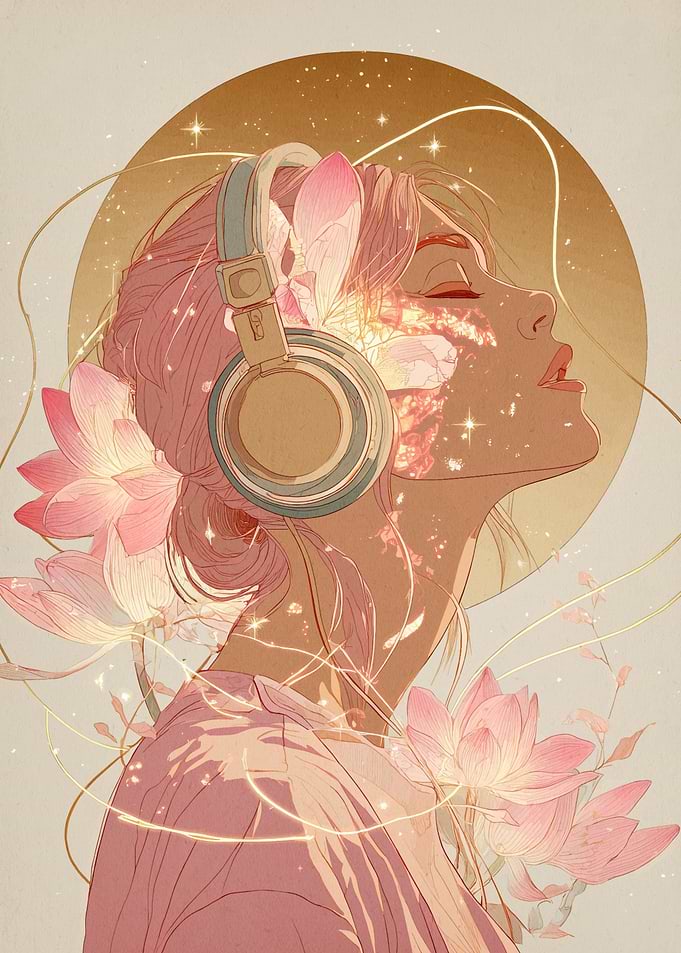 Woman with Headphones and Lotus Flowers