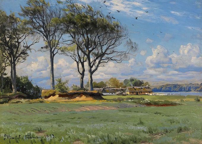 Landscape painting with farm and trees