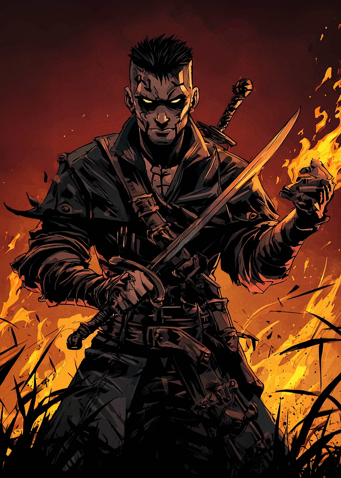 Dark Swordsman in Fiery Landscape