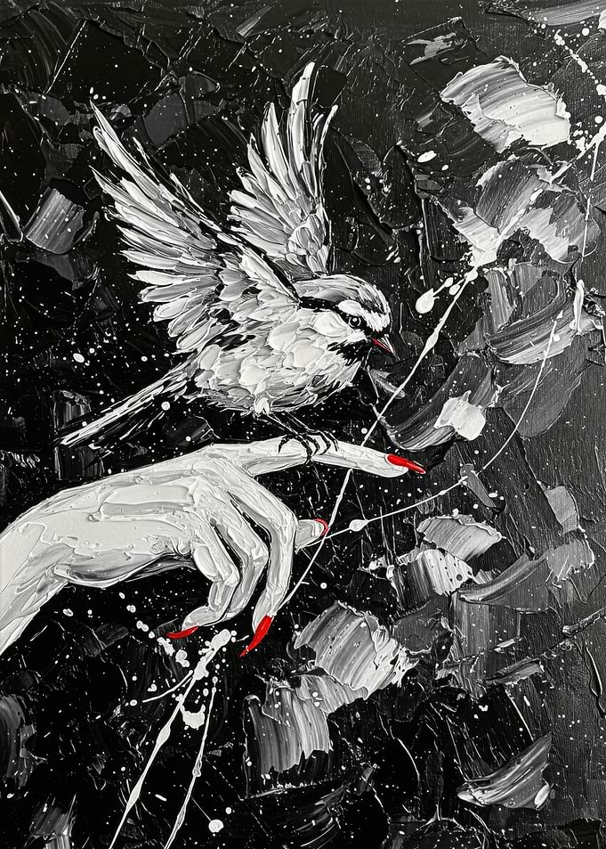 Bird on Hand - Impasto Painting