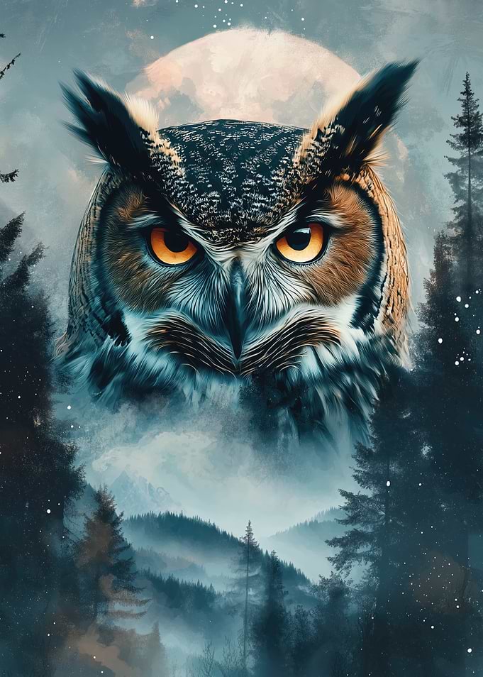 Owl in Forest Under Moonlight