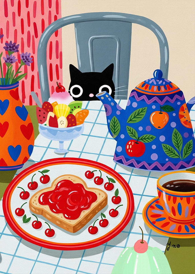 Black Cat Breakfast Art Print with Cherry Jam Toast Colorful Teapot Fruit Parfait Coffee Cup and Lavender Vase Whimsical Cat Kitchen Wall Decor Cute Cozy Morning Brunch Illustration for Cat Lovers