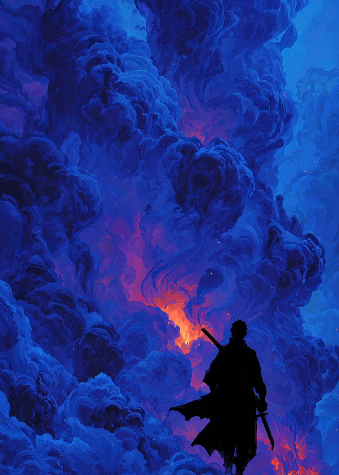 Silhouette Warrior Amidst Blue Clouds
