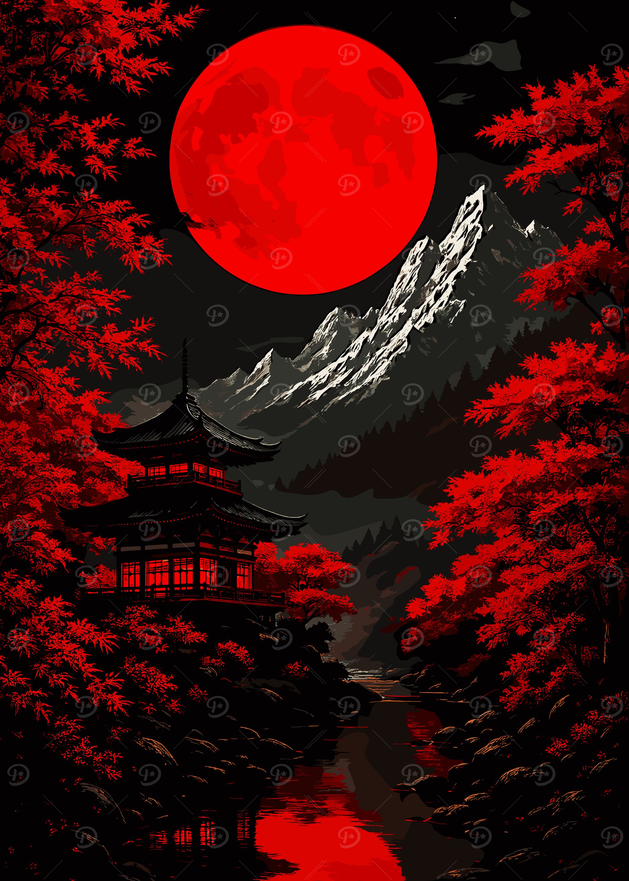Japanese Pagoda Under Red Moon
