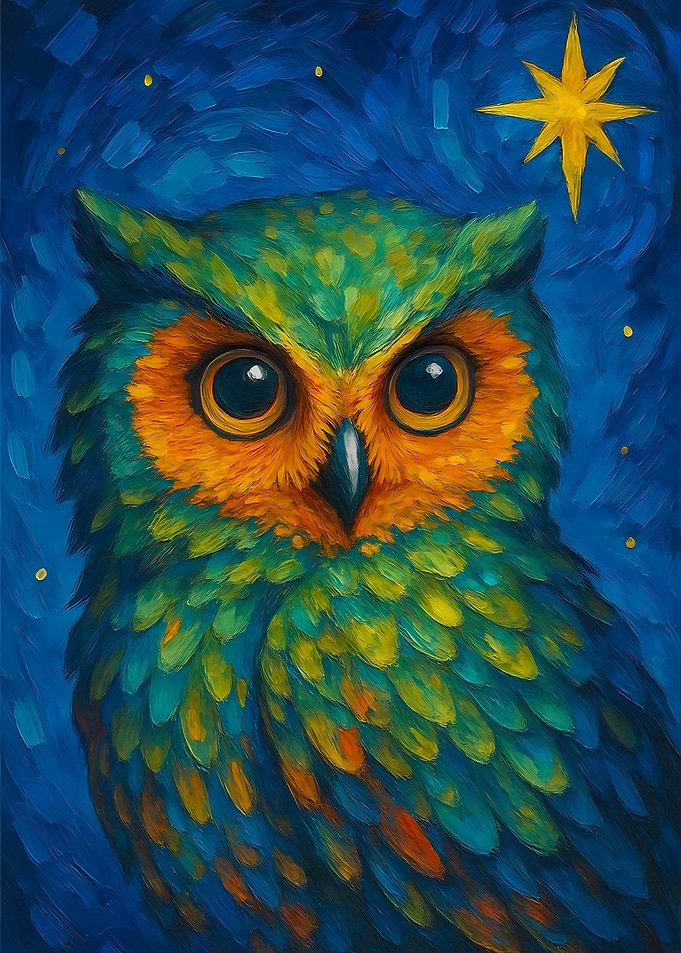 Colorful Owl Portrait with Starry Night
