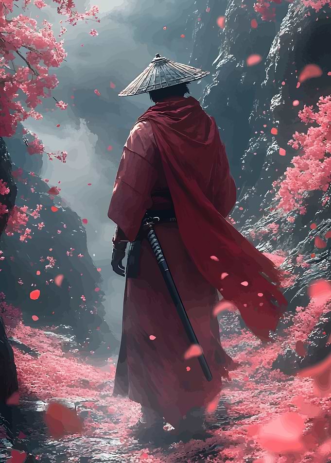 Samurai in Cherry Blossom Path