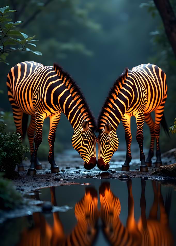 Two Zebras Drinking Water Reflection