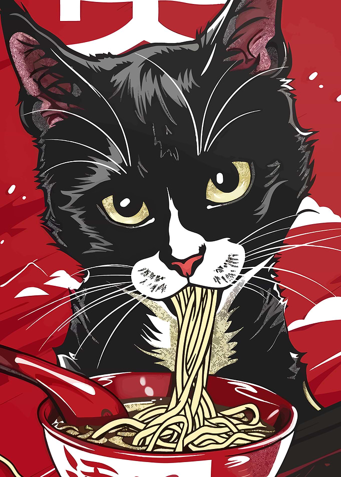 Cat eating ramen illustration