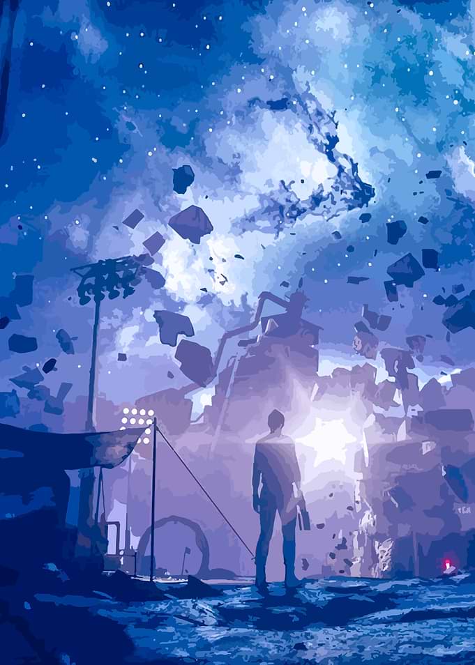 Man in a surreal, blue landscape